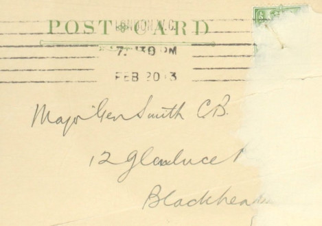 9 - Postcard to Frederick Smith from Fred Bullock, 20 Feb 1913