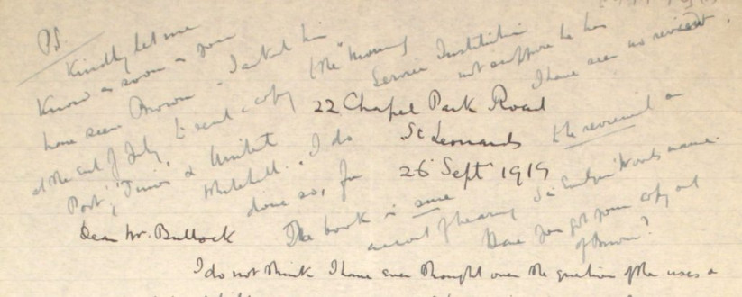 16 – Letter to Fred Bullock from Frederick Smith,  26 Sep 1919