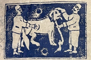 Illustration of two men giving treatment to a dog