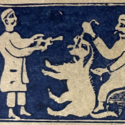 Illustration of two men removing a dog's tooth